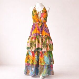 Farm Rio Tropical Tiered Halter Maxi Dress | Beaded | Medium